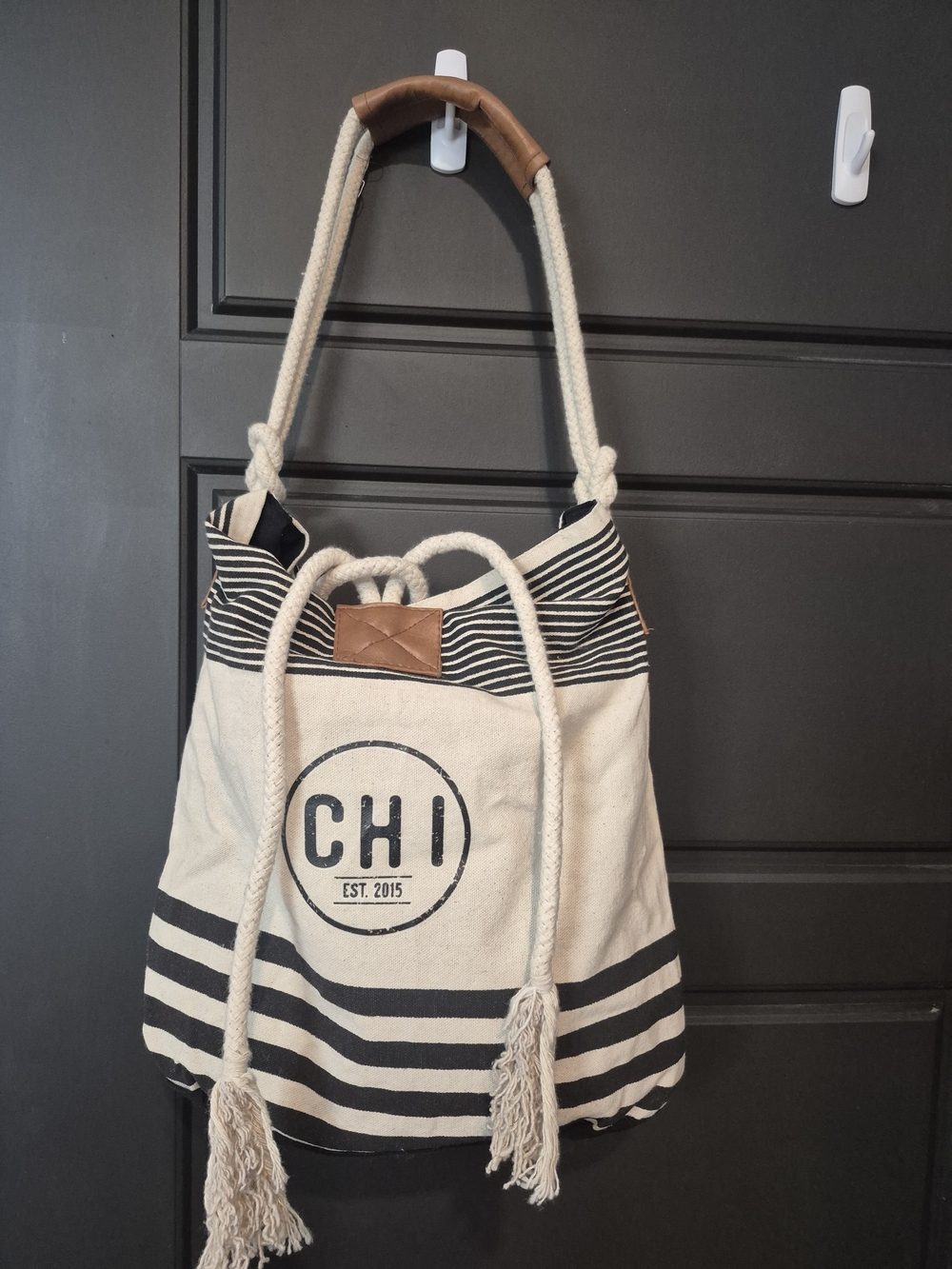 CHI Canvas Stripe Drawstring Backpack - Cream and Black